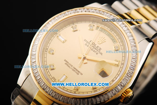 Rolex Day Date II Oyster Perpetual Automatic Movement Steel Case with Diamond Bezel - Diamond Markers Gold Dial and Two Tone Strap - Click Image to Close